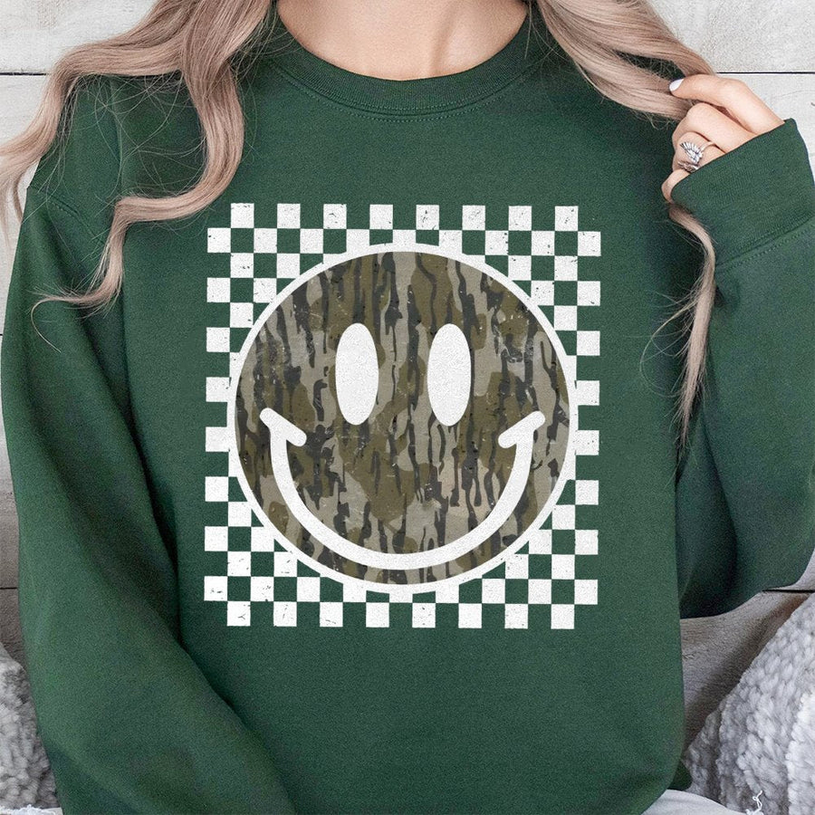 Camo Smiley Face Sweatshirt | Retro Checkerboard Print | Premium Cotton Blend | Gift for Her Outdoorsy Aesthetic Clothing