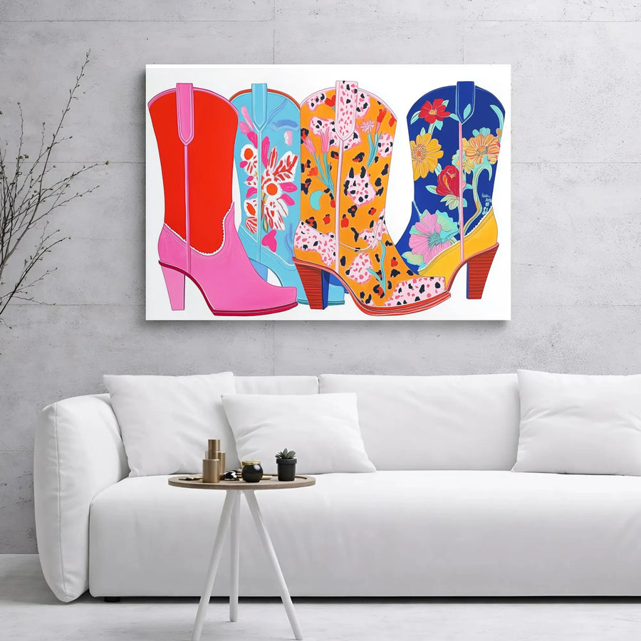 Colorful Western Cowboy Boots Canvas | Floral Leopard Print Pop Art Wall Decor | Gallery Wrapped Premium Material | Vibrant Boho Home Office Gift
