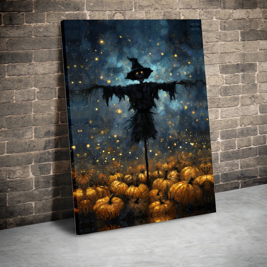 Spooky Scarecrow Canvas Print | Halloween Pumpkin Patch Wall Art | Premium Fade-Resistant Gallery Wrap | Gothic Autumn Home Decor Gift