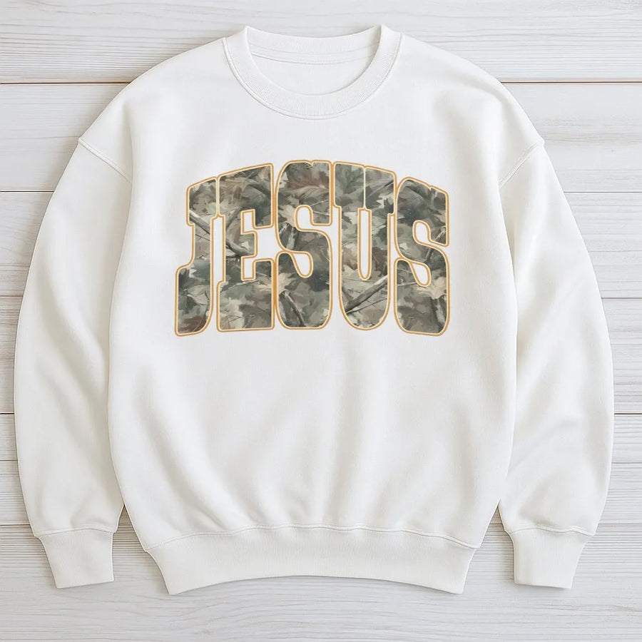 Jesus Sweatshirt | Camo Lettering Christian Graphic Design | Premium Cotton Blend Crewneck | Religious Gift for Men and Women