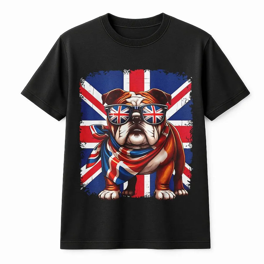 British Bulldog T-Shirt | Union Jack Dog Graphic With Sunglasses | 100% Cotton Premium Tee | Patriotic UK England Souvenir Gift For Dog Lovers