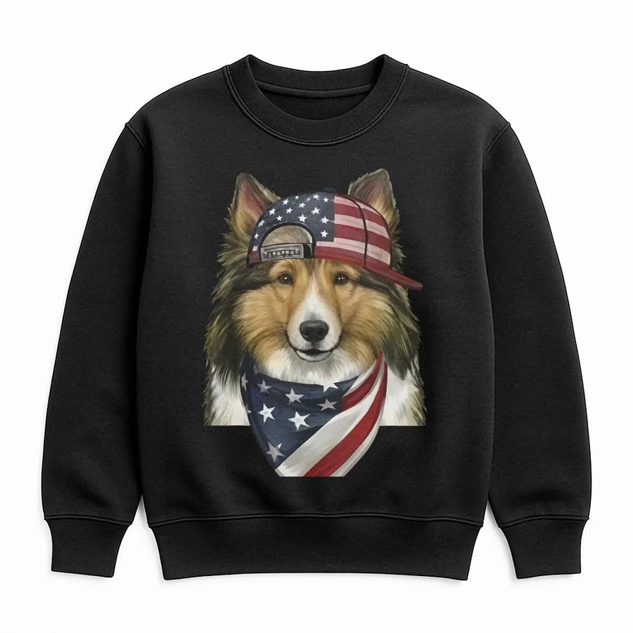 Patriotic Dog Sweatshirt | Herding Dog with American Flag Bandana | Premium Graphic Sweatshirt | 4th of July Gift for Dog Lover