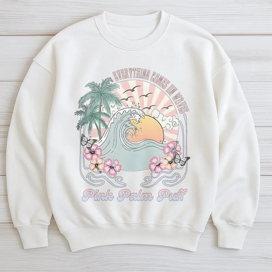 Ocean Wave Sweatshirt | Retro Sunset & Palm Tree Graphic | Soft Cotton Blend Sweatshirt | Beach Lover Surfer Gift