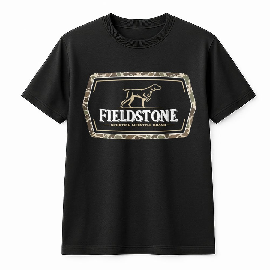 Fieldstone Hunting T-Shirt | Camo Logo Sporting Graphic | Premium Cotton Apparel | Gift For Outdoorsmen Ranchers And Country Life Fans