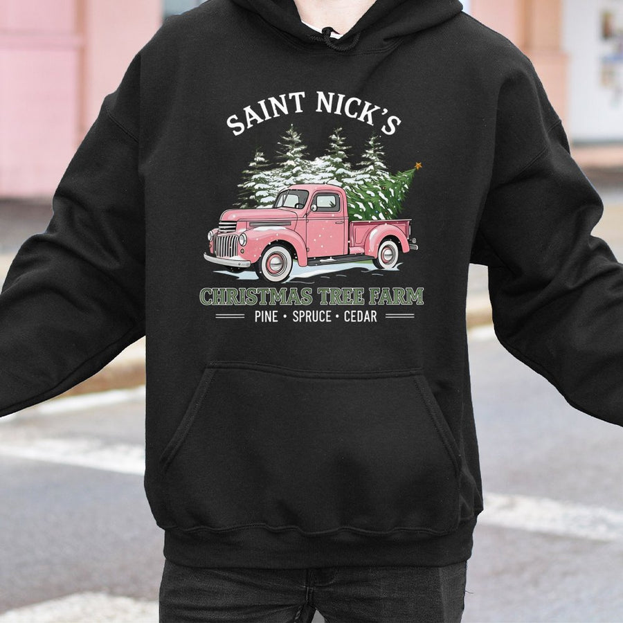 Saint Nick's Christmas Tree Farm Hoodie | Vintage Pink Truck Graphic | Cotton Blend Cozy Sweatshirt | Holiday Gift For Her Women Teens