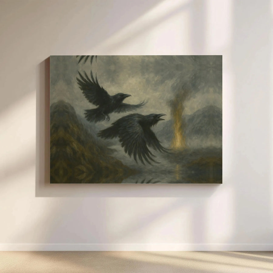 Raven Wall Art Canvas | Moody Gothic Mountain Landscape Print | Premium 1.25" Gallery Wrap | Dark Academia Home Decor Gift For Nature Lovers