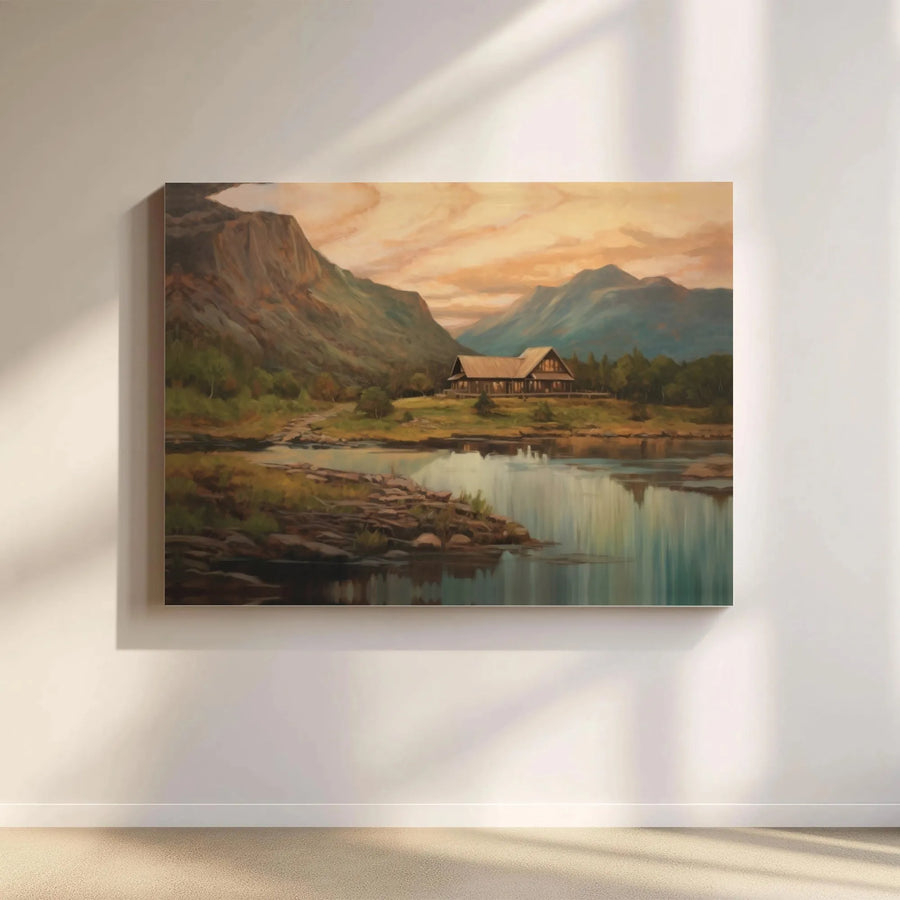 Rustic Mountain Cabin Canvas Wall Art | Serene Lake Landscape Painting | Premium Gallery-Wrapped Decor | Nature Lover Living Room Gift