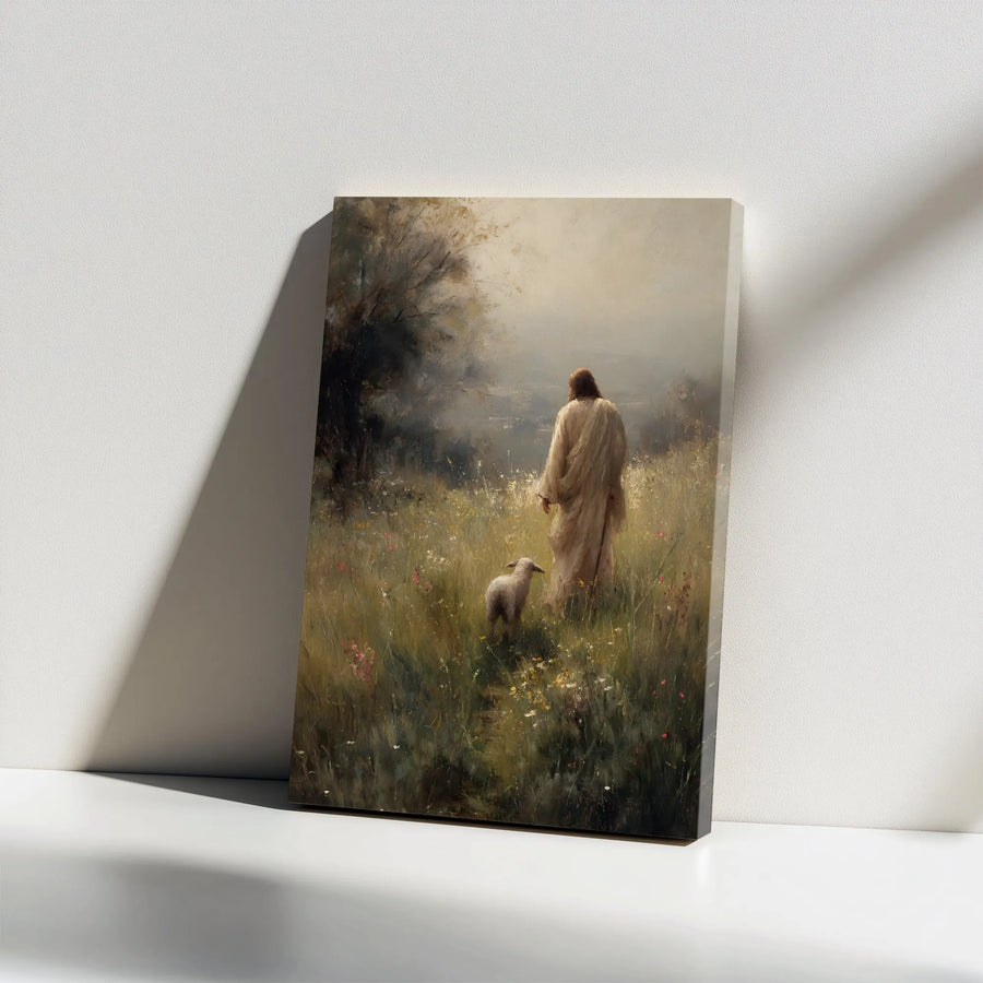 Jesus The Good Shepherd Canvas Art | Peaceful Lamb in Wildflower Field | Premium Gallery Wrap Wall Decor | Religious Home Gift for Christians