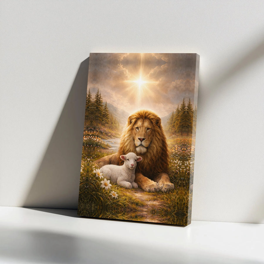 Lion and Lamb Canvas Wall Art | Christian Artwork with Lion of Judah | Premium Gallery Wrap Canvas | Inspirational Religious Home Decor Gift