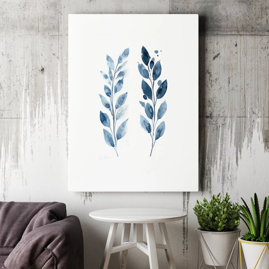 Blue Botanical Canvas Wall Art | Watercolor Leaf Branch Print | Premium Gallery-Wrapped Gallery Quality | Modern Minimalist Home Decor Gift