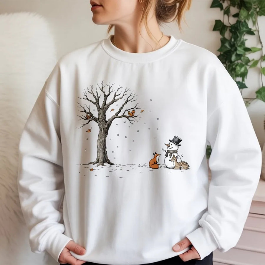 Winter Forest Animals Sweatshirt | Cute Snowman and Woodland Critters Graphic | Premium Cotton Blend | Cozy Christmas Holiday Gift for Nature Lovers