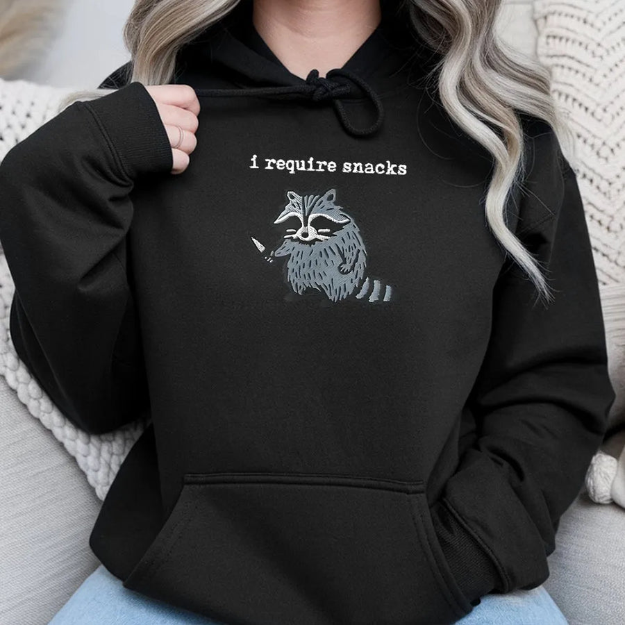 I Require Snacks Raccoon Hoodie | Funny Trash Panda Graphic | Premium Cotton Blend | Gift for Animal Lovers and Snack Enthusiasts