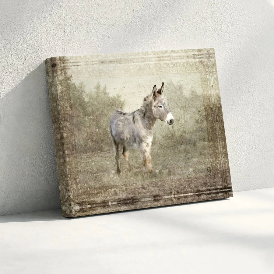 Grey Donkey Canvas Wall Art | Vintage Rustic Farmhouse Portrait | Premium Fade-Resistant Gallery Wrap | Farm Animal Decor for Country Home Gift
