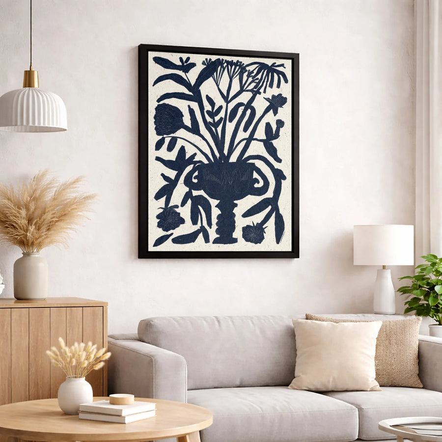 Navy Blue Floral Bouquet Canvas Art | Elegant Swan Vase Silhouette Print | Premium Fade-Resistant Gallery Wrap | Modern Home Decor Wall Art