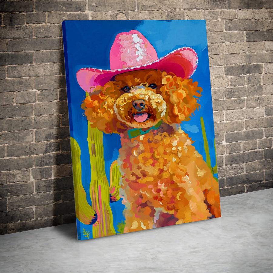 Poodle Dog Canvas Wall Art | Pink Cowboy Hat Desert Western Decor | Gallery Quality 1.25" Profile | Unique Gift for Dog Lovers
