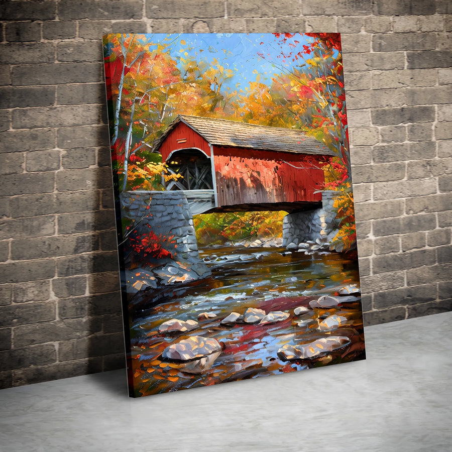 Red Covered Bridge Canvas Wall Art | Autumn Impressionist Forest Landscape | Premium Fade-Resistant Gallery Wrap | Scenic Country Home Decor Gift