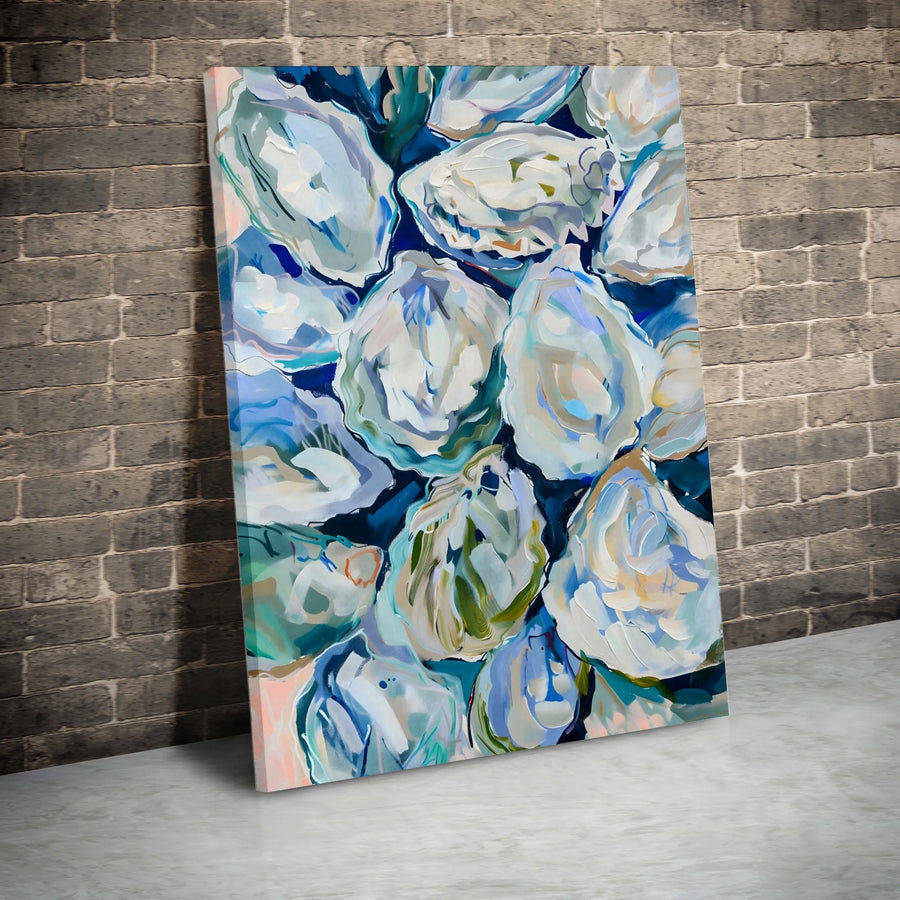 Abstract Oyster Shell Wall Art | Blue and White Coastal Painting | Premium Gallery-Wrapped Canvas | Modern Beach House Decor Gift