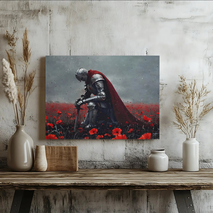 Kneeling Knight Canvas Wall Art | Warrior in Poppy Field Print | Premium Gallery-Quality Canvas | Medieval Fantasy Home Decor Gift for Him