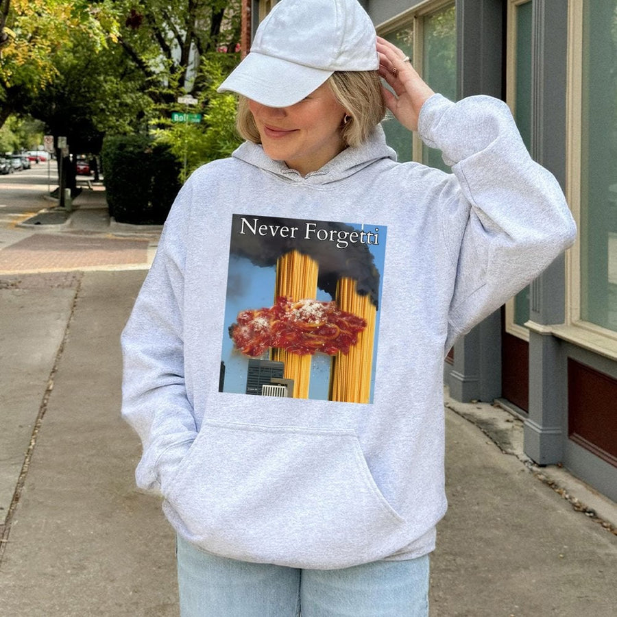 Never Forgetti Hoodie | Internet Meme Graphic Sweatshirt | Cotton-Blend Premium Apparel | Funny Parody Gift For Adults