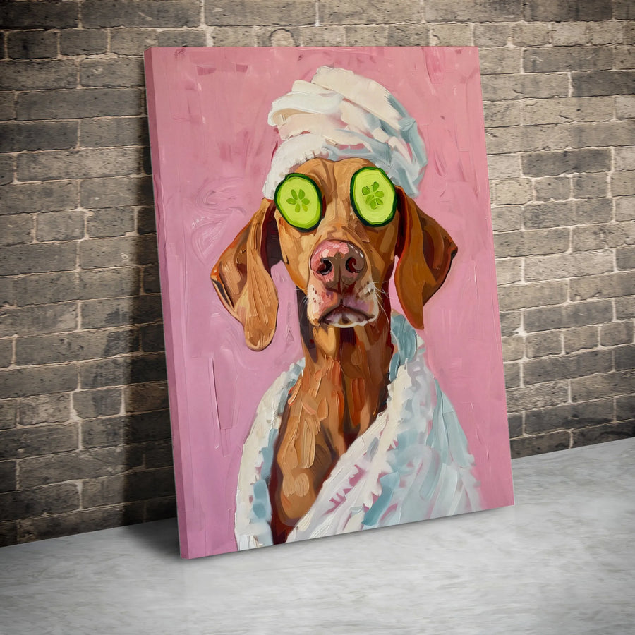 Funny Dog Spa Vertical Canvas | Painterly Vizsla Portrait with Cucumber Eyes | Premium Gallery Wrapped Canvas | Humorous Gift for Dog Lover