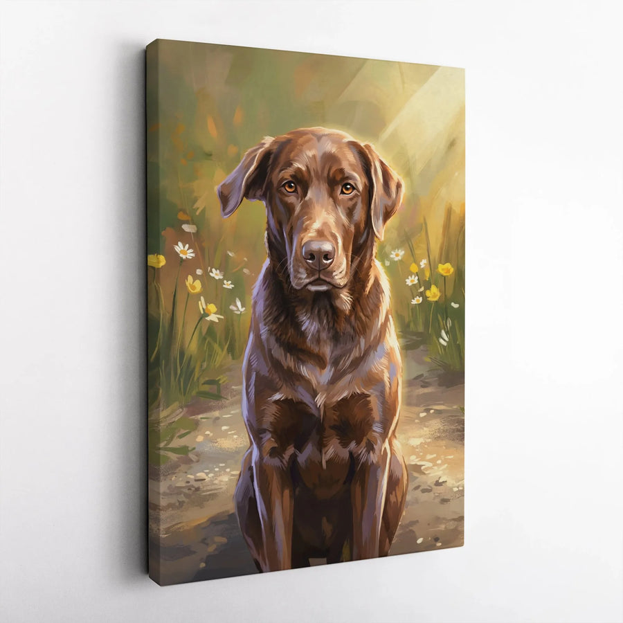 Chocolate Lab Canvas Wall Art | Painterly Dog Portrait in Wildflower Meadow | Premium Gallery Wrapped Print | Gift for Dog Lover