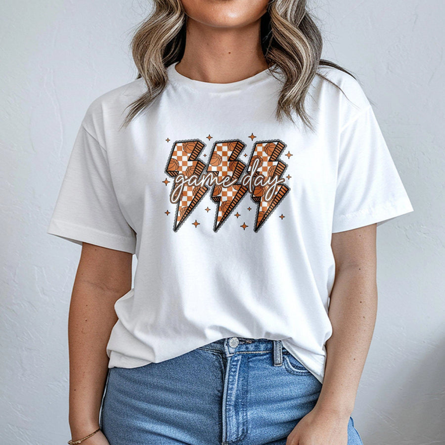 Game Day Basketball T-Shirt | Checkerboard Lightning Bolt Design | Premium Soft Cotton Tee | Sports Fan Gift for Basketball Mom & Players