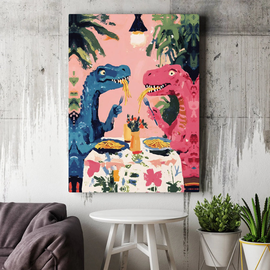Dinosaur Date Canvas Wall Art | Whimsical T-Rex Couple Eating Spaghetti | Premium Gallery Wrap Print | Fun Home Decor Gift for Foodies