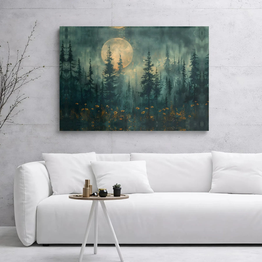 Misty Forest Landscape Canvas | Full Moon Pine Tree Wall Art | Premium Gallery Wrap Decor | Nature Lover Living Room Gift