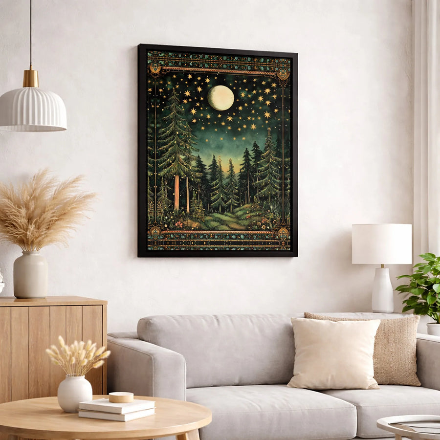 Celestial Night Forest Canvas Art | Enchanting Moon and Starry Landscape | Premium 1.25" Gallery Wrap | Mystical Home Decor Wall Print