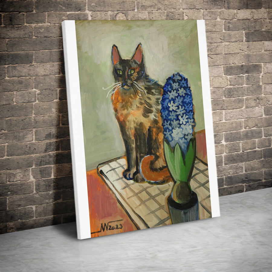 Tortoiseshell Cat Painting Vertical Canvas | Painterly Pet Portrait with Blue Hyacinth | Premium Gallery Wrapped Canvas | Collector's Gift for Cat Mom & Home Decor