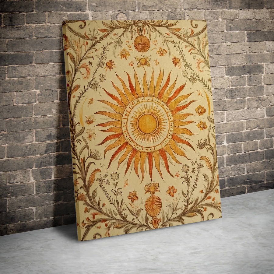 Vintage Sun Wall Art Canvas | Bohemian Floral Celestial Print | Premium 1.25 Inch Gallery Wrap | Aesthetic Home Decor Gift