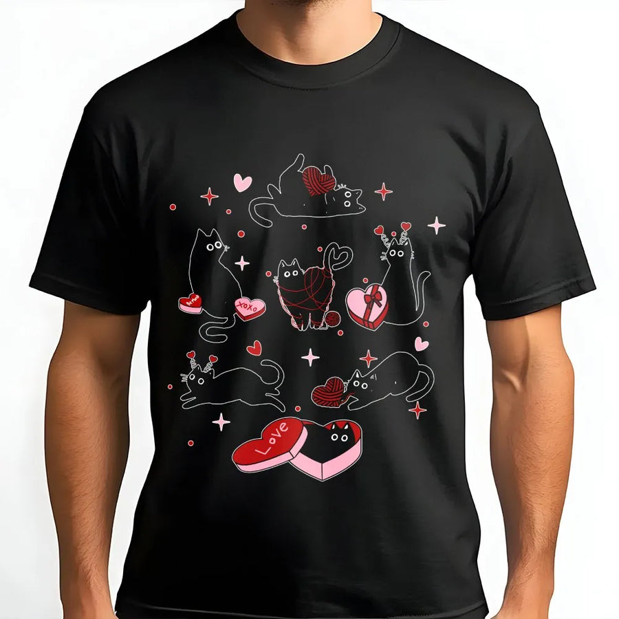 Valentine Black Cat T-Shirt | Cute Kitten Hearts Graphic Design | Premium 100% Cotton Apparel | Romantic Cat Mom Gift Idea for Her