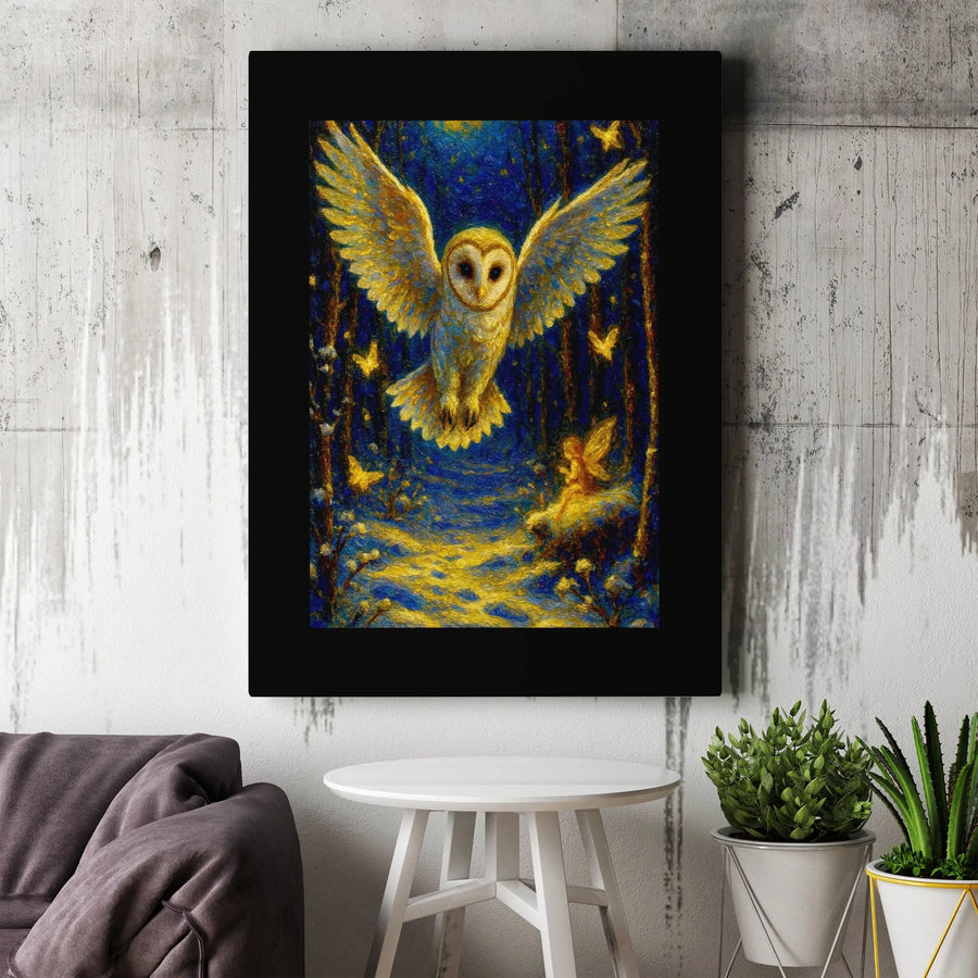 Barn Owl and Fairy Canvas Wall Art | Enchanted Forest Impasto Oil Painting Style | Premium Gallery Wrap | Whimsical Nature Decor Gift