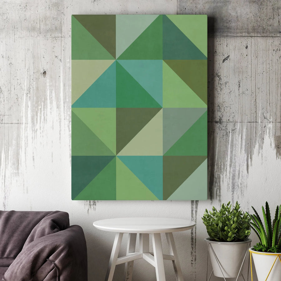 Green Geometric Canvas Wall Art | Abstract Triangle Mosaic Print | Premium 1.25" Thick Profile | Modern Minimalist Home & Office Decor Gift