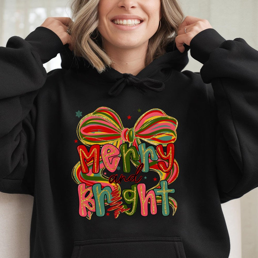Merry and Bright Hoodie | Coquette Christmas Bow Graphic | Soft Cotton-Polyester Blend | Trendy Holiday Gift for Women and Girls