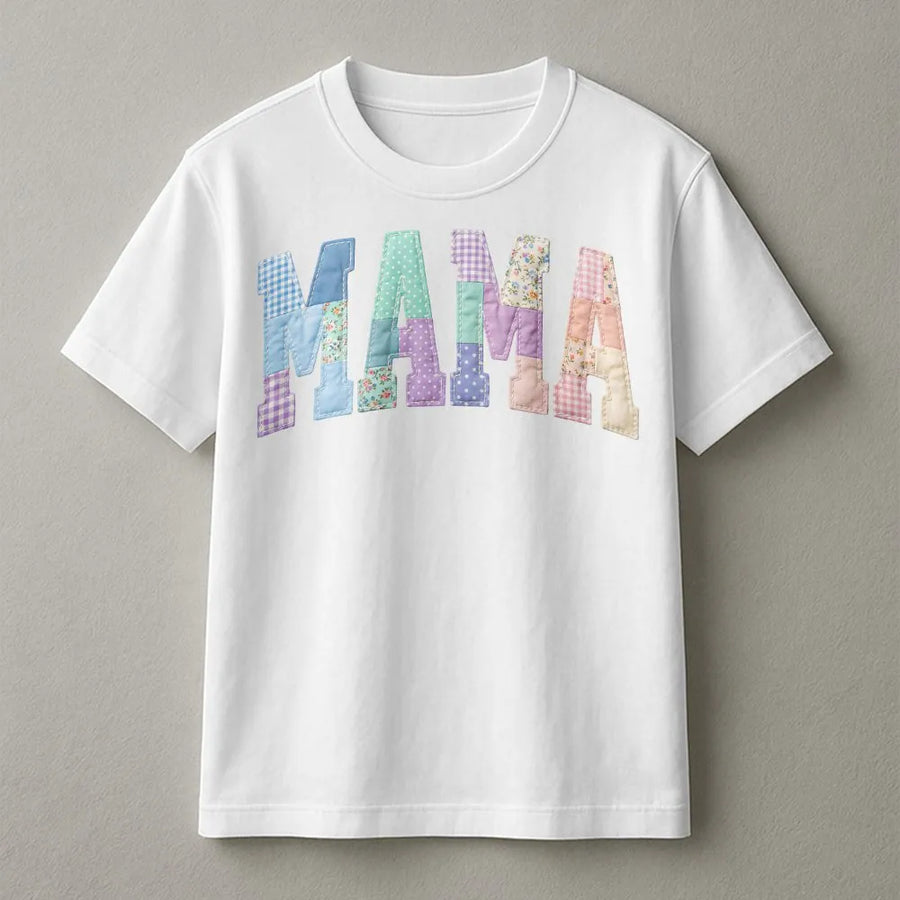 Floral Mama T-Shirt | Faux Patchwork Varsity Letters | Cozy Cotton Blend | Cute Cottagecore Gift for Mom