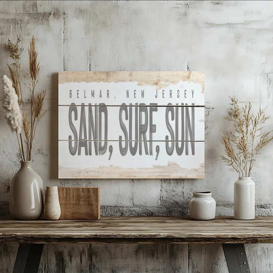 Belmar New Jersey Canvas Wall Art | Rustic Sand Surf Sun Sign | Premium Gallery Wrapped Canvas | Jersey Shore Housewarming Gift