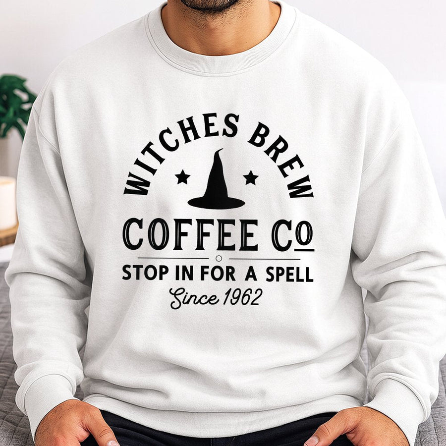 Witches Brew Coffee Co Sweatshirt | Funny Witch Hat Graphic Print | Soft Cotton-Poly Blend | Halloween Gift For Coffee Lovers