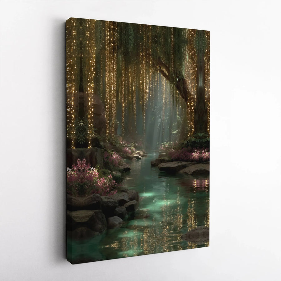 Enchanted Forest Canvas Wall Art | Glowing Fairy Lights River Scene | Premium Gallery Wrap Print | Whimsical Nature Decor For Home
