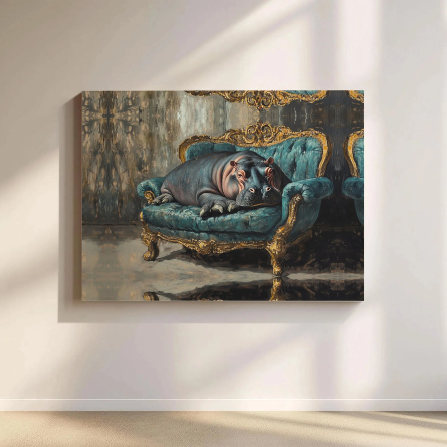 Sleeping Hippo Canvas Art | Ornate Victorian Chair Painting | Premium 1.25-Inch Gallery Wrap | Whimsical Animal Home Decor Gift