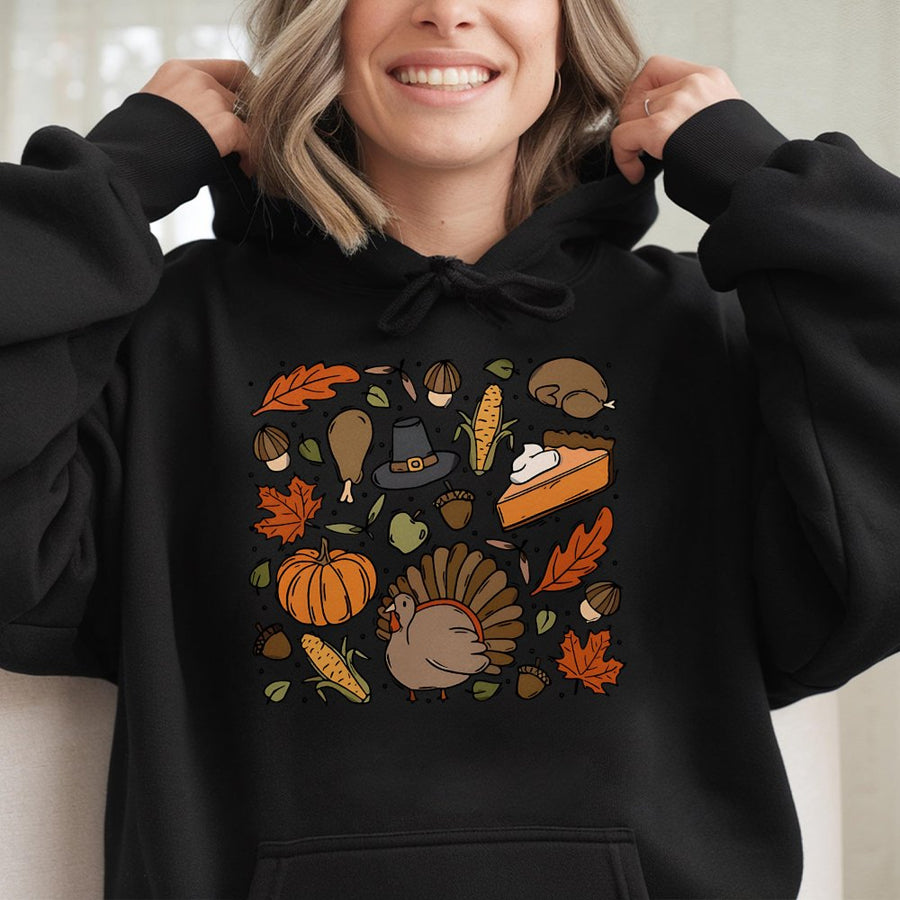 Thanksgiving Hoodie | Retro Turkey And Pumpkin Doodle Art | Cotton-Poly Blend Sweatshirt | Cozy Holiday Gift For Women And Men