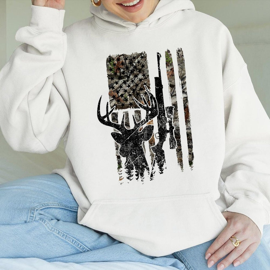 Deer Hunting Hoodie | American Flag Camo Rifle Buck Graphic | Cotton-Poly Blend Sweatshirt | Patriotic Gift for Hunters