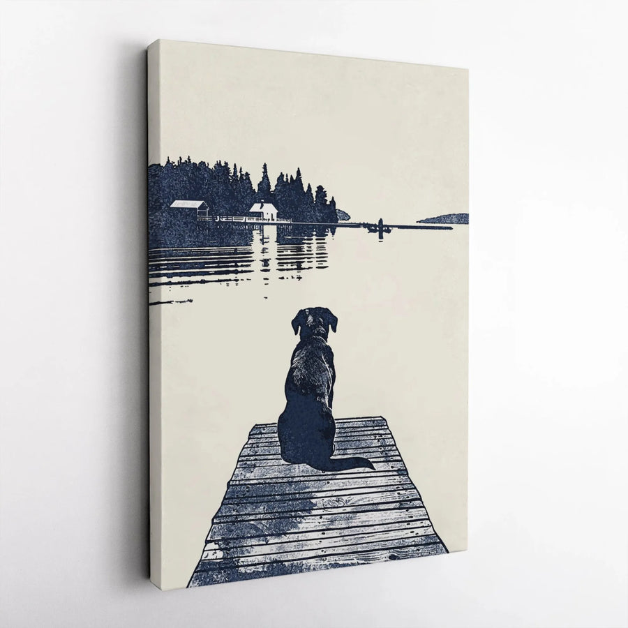 Dog On Dock Lake Canvas Wall Art | Minimalist Silhouette Landscape | Premium Gallery Wrap Print | Peaceful Nature Decor Gift For Dog Lovers