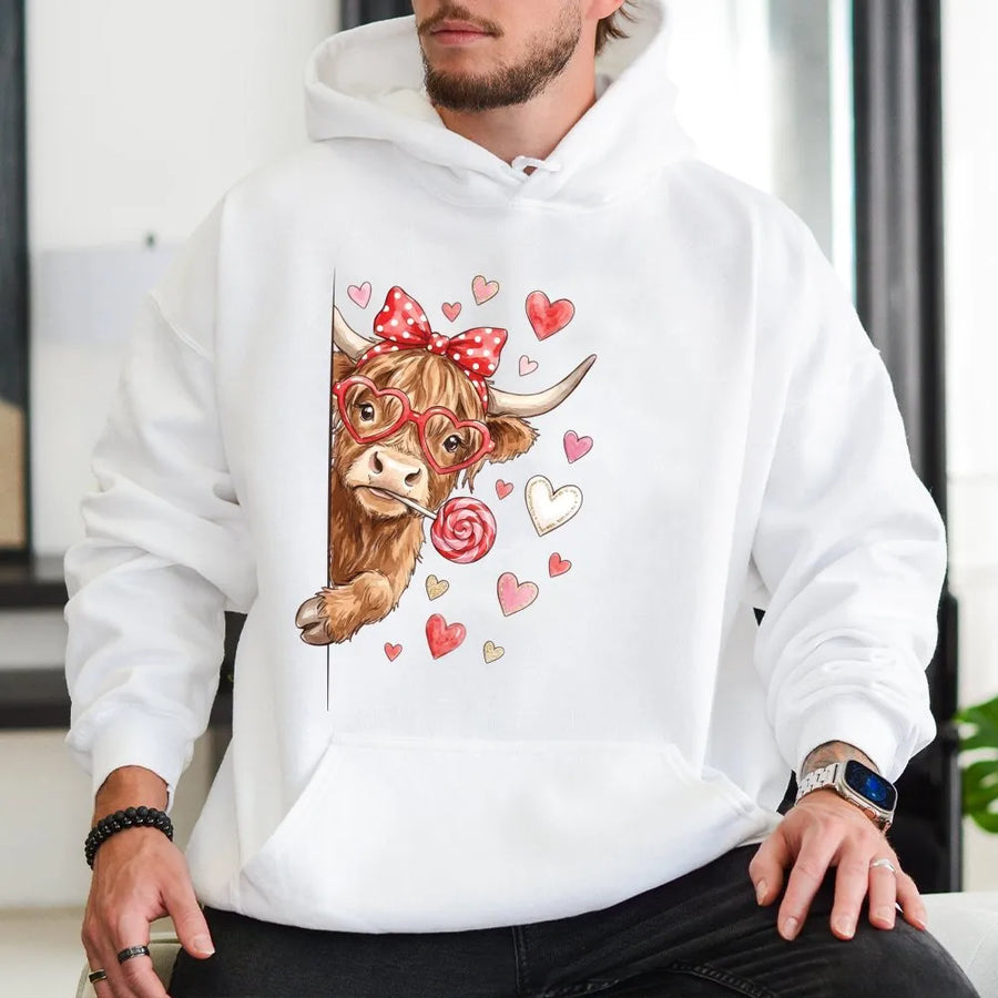 Valentine Highland Cow Hoodie | Cute Coquette Heart Glasses Graphic | Premium Cotton Blend | Romantic Gift for Her & Cow Lovers