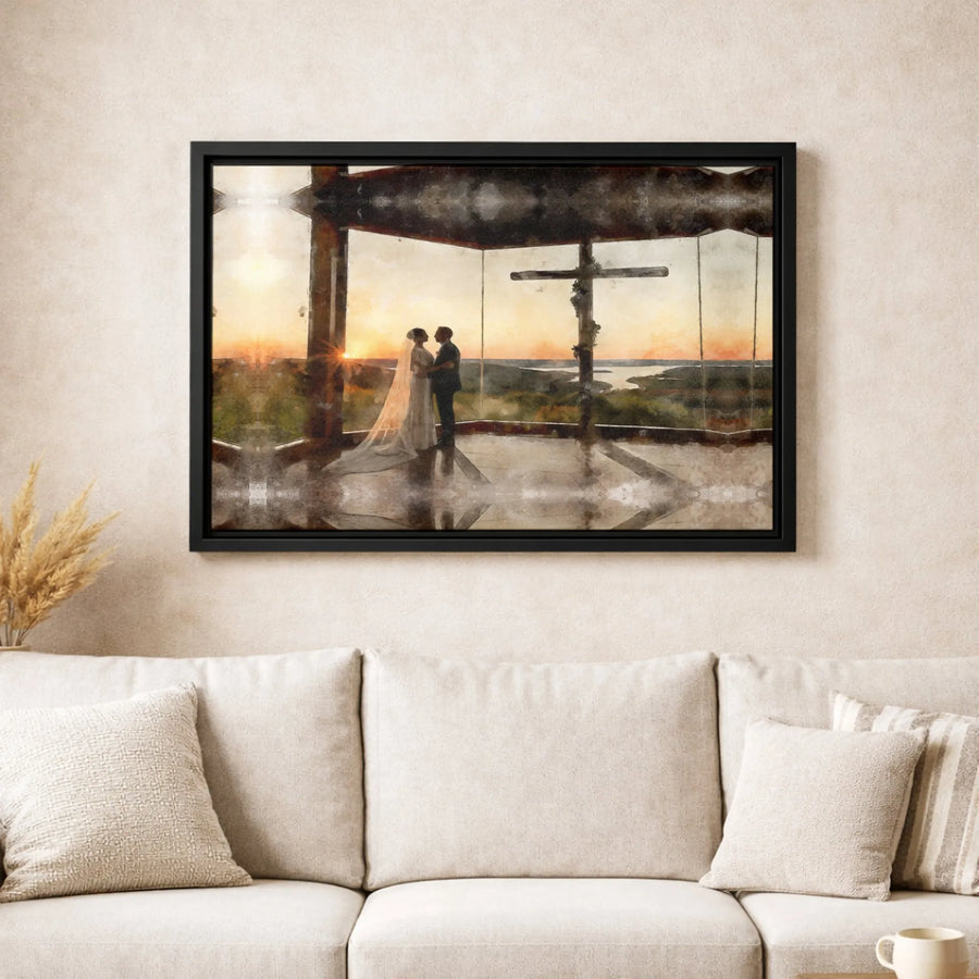 Wedding Couple Canvas Print | Sunset Cross Religious Art | Premium Gallery Wrapped Wall Decor | Christian Wedding Anniversary Gift For Couple