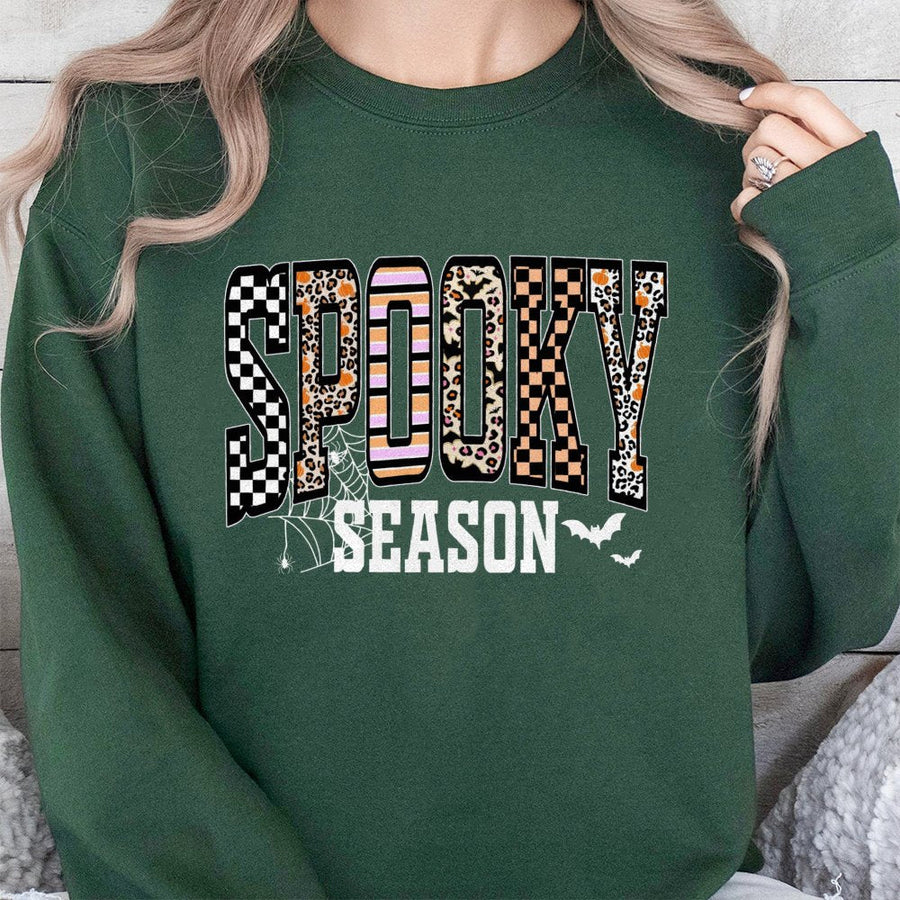 Spooky Season Sweatshirt | Retro Halloween Leopard Print Checkered Design | Premium Cotton Blend Crewneck | Cute Fall Gift for Her
