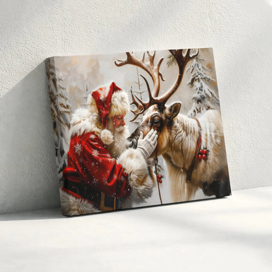 Santa Claus Petting Reindeer Canvas Art | Snowy Winter Forest Scene | Gallery Wrapped 1.25" Thick Frame | Premium Holiday Home Decor Gift