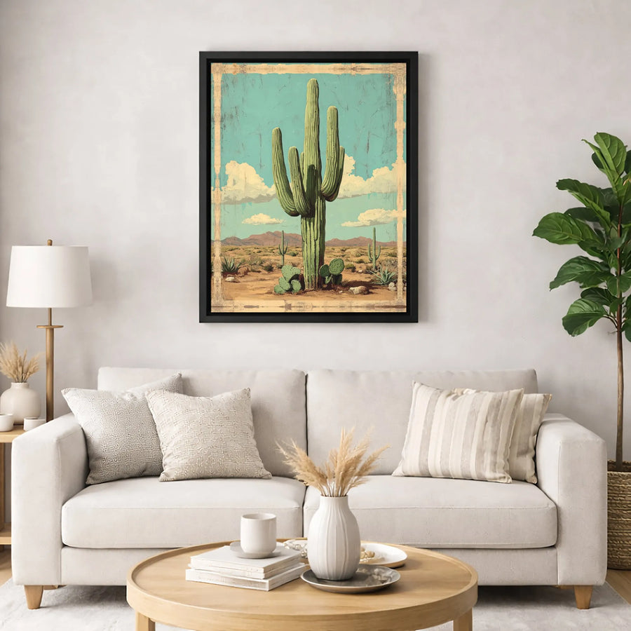 Vintage Saguaro Cactus Wall Art | Desert Landscape Gallery Print | Premium 1.25" Thick Canvas | Southwestern Home Decor Gift