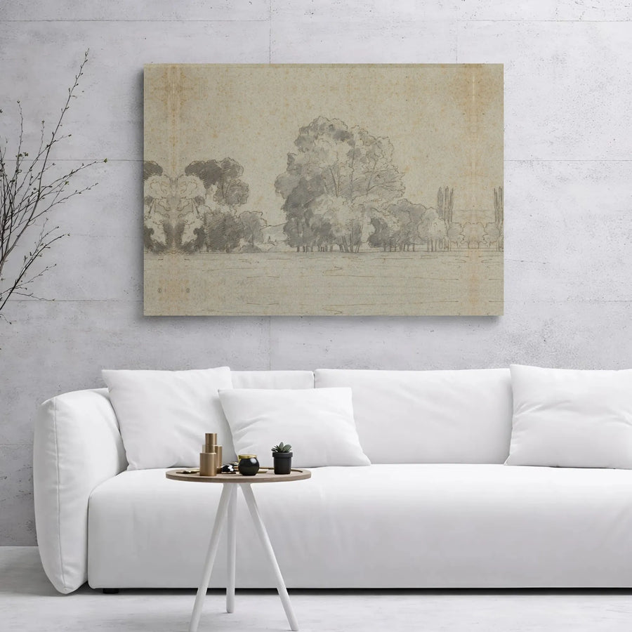 Vintage Landscape Tree Sketch Canvas | Antique Style Pencil Drawing Wall Art | Premium Gallery Wrapped Frame | Sophisticated Office Decor Gift