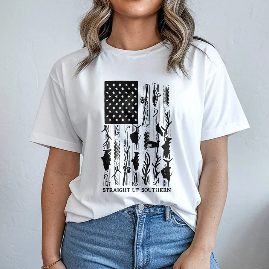 Hunting Fishing Flag T-Shirt | Southern Outdoorsman American Flag Design | Premium Cotton Blend | Gift for Hunter